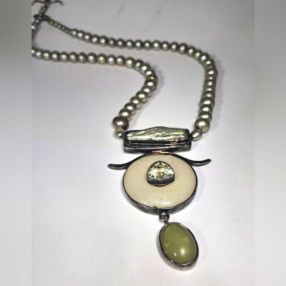Vintage Tahitian Pearl Necklace With Sterling Silver Carved Bone Pendant - Picture 3 of 10